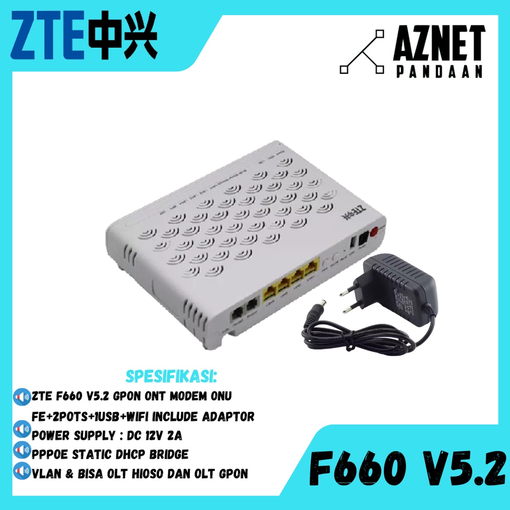 ZTE F660 V5.2 GPON ONT MODEM ONU FE+2POTS+1USB+WIFI INCLUDE ADAPTOR