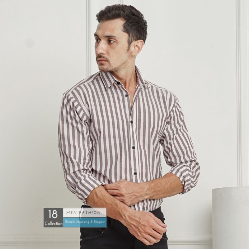 [Bisa COD] Kemeja Lengan Panjang Slimfit Motif Stripe