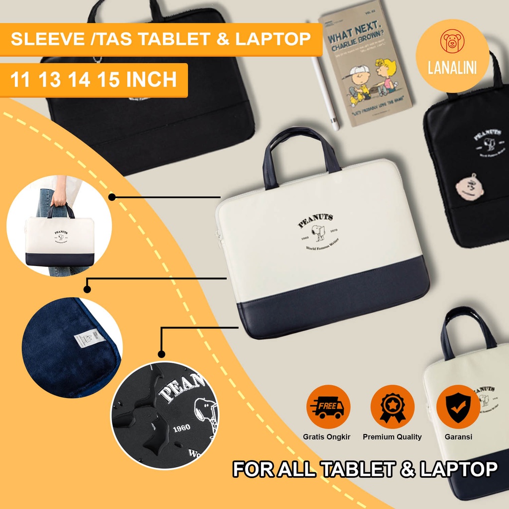 Sleeve Pouch Sarung Tas Bag Case Ipad Tab Tablet Macbook Air Pro Laptop Asus Acer Lenovo HP Huawei 11 12 13 14 15 inch Motif Gambar Karakter Kartun Cartoon Snoopy Warna Biru Hitam Lucu Cute Murah Korean Model Tali Jinjing