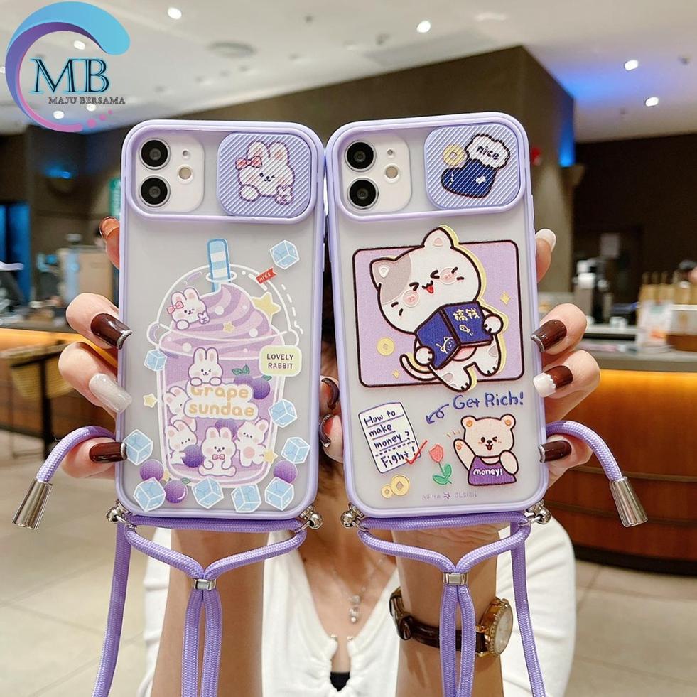 [I-EZE-☼) Softcase Soft Case Slingcase Tali Slide Hp OPPO A15 A16 A37 NEO 9 A9 A5 A52 A92 A53 A33 A31 A8 2020 A74 Kesing Casing Lanyard Selempang Penutup Kamera Pelindung Camera Geser Buka Tutup Warna Lilac Ungu Cewek Cewe Karakter Lucu Terbaru Murah Anak