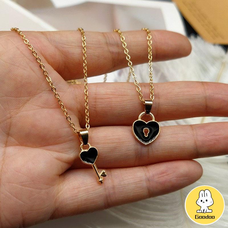 2 Pcs Fashion Wanita Trendi Kunci Liontin Link Rantai Kalung Hati Pasangan Pecinta Kalung -Doo