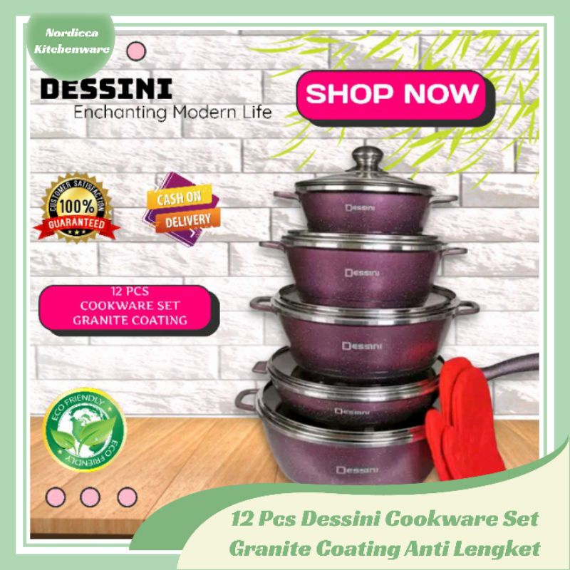 Dessini 12 Pcs Cookware Set Granite Coating Pan Non Stick Anti Lengket Panci Granit ILAG Swiss Techn