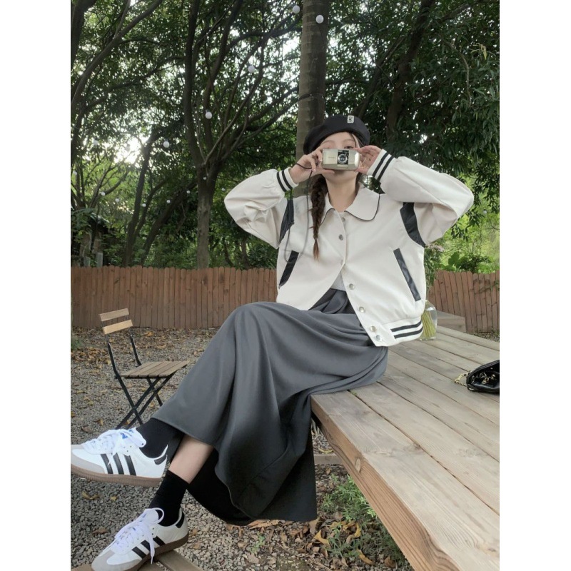 #Sisjuly# Wanita menjahit jaket bisbol pendek, atasan jaket tipis longgar baru HLLC