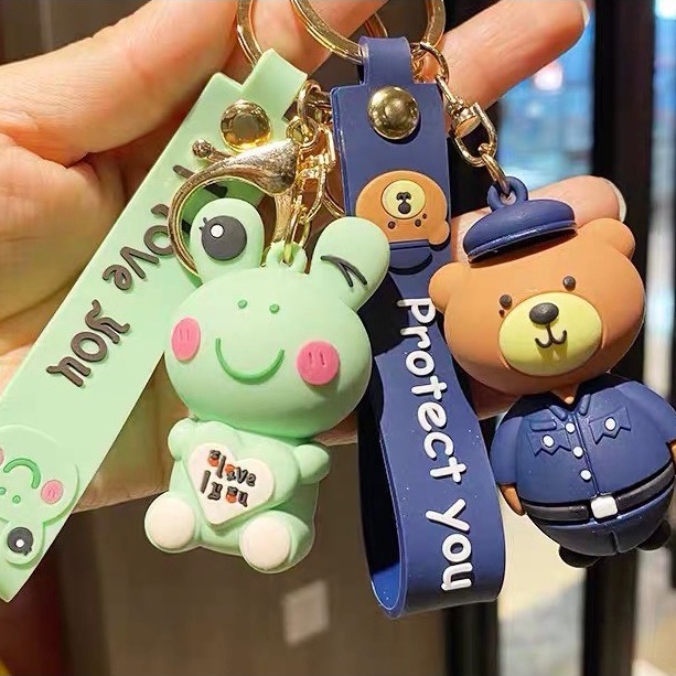 SERBI Keychain Animal Gantungan Kunci Hewan Gantungan Kunci Bentuk Binatang Kartun Seragam keamanan boneka beruang pasangan liontin lucu rantai gantungan kunci Bahan Silikon Tahan Air MBT315