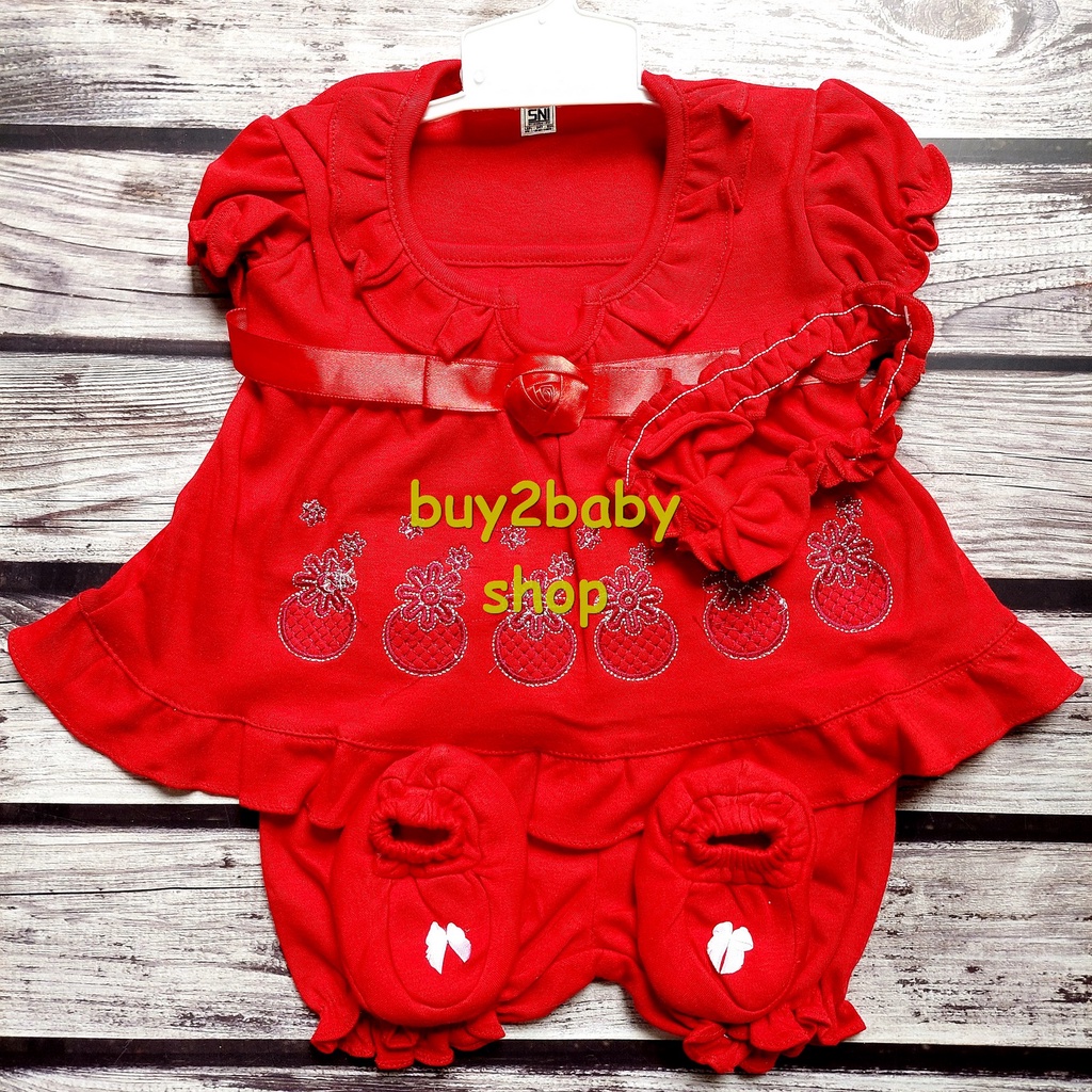 Setelan Dress Bayi Cewek lengkap Topi Pita Sepatu Set Pon-Pon Red Series 0-3 bulan 1 PCS