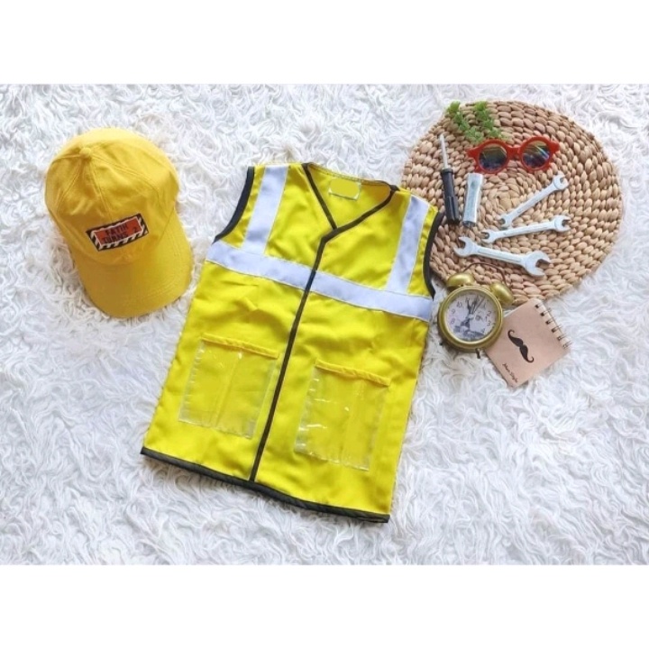 Baju Profesi Anak Laki Laki Perempuan Excavator Newborn / Rompi Kontraktor Bayi Dan Anak /Photoshoot