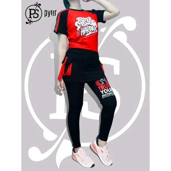 Pyur Sport baju senam Aerobic-Setelan Leging rok saku baju pendek