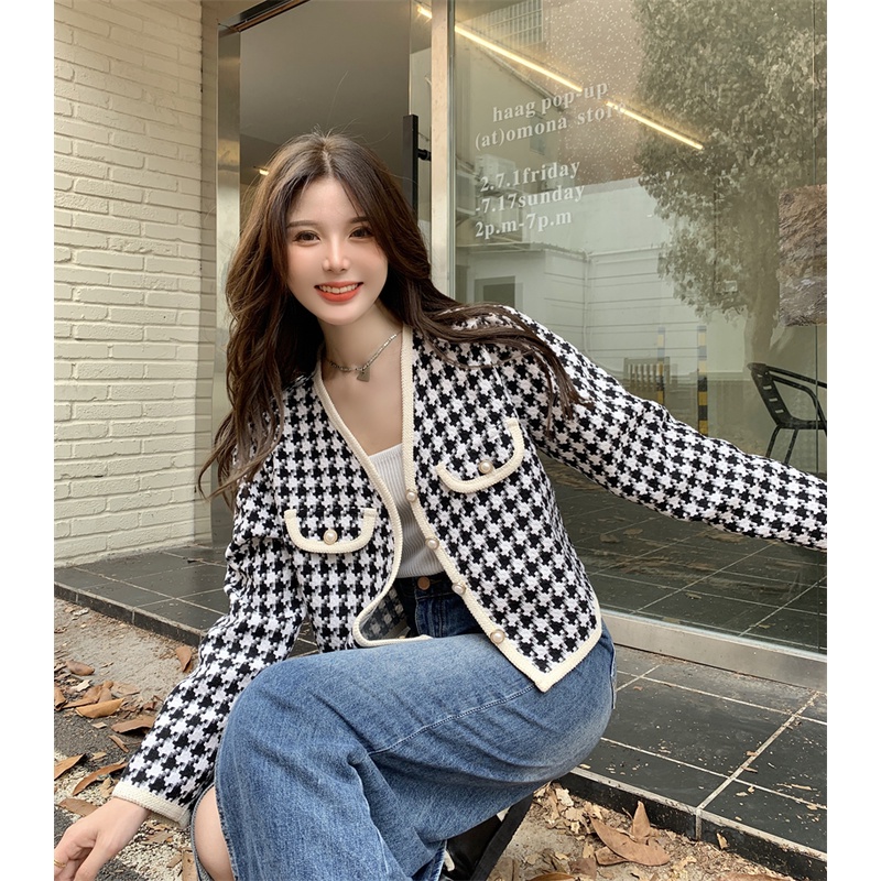 cardigan wanita korea style lengan panjang retro crop Kotak-kotak jaket loose blouse