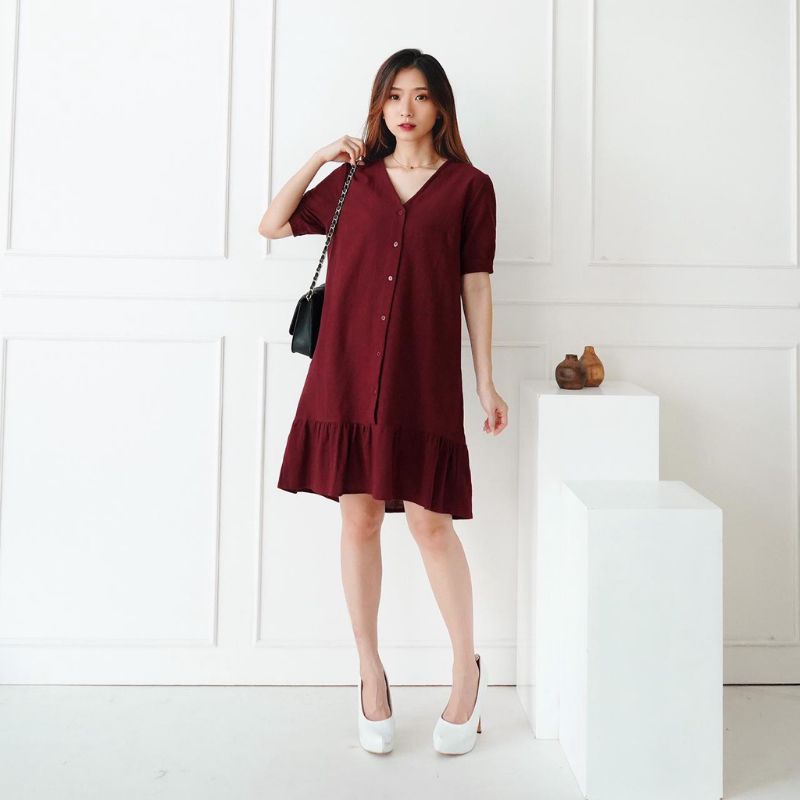 Dress Yauna Ruffle Mini Dress Korea Style Dress Wanita Kancing Depan Size Jumbo