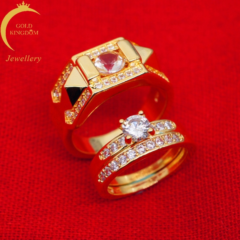 Goldkingdom Perhiasan Fashion Aksesoris Bangkok Emas Asli Kadar 375 Ready Stock Set Cincin Pasangan Lapis Emas Dengan Zircon Untuk Pria Dan Wanita