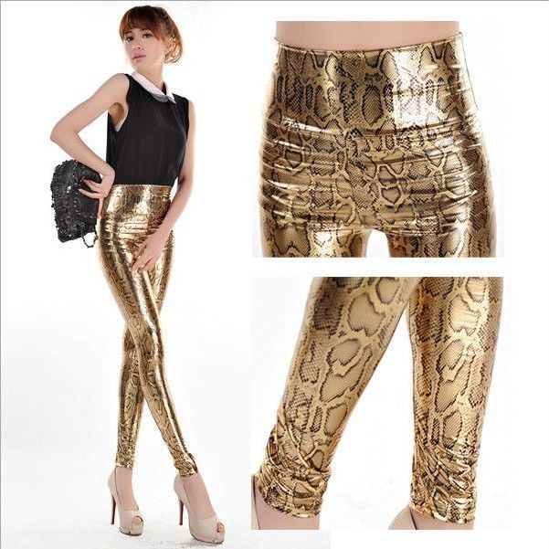 #COD# Celana Kulit Imitasi Emas Fashion Pinggang Tinggi Ketat Pola Ular Kurus Celana Pensil Kulit Ce