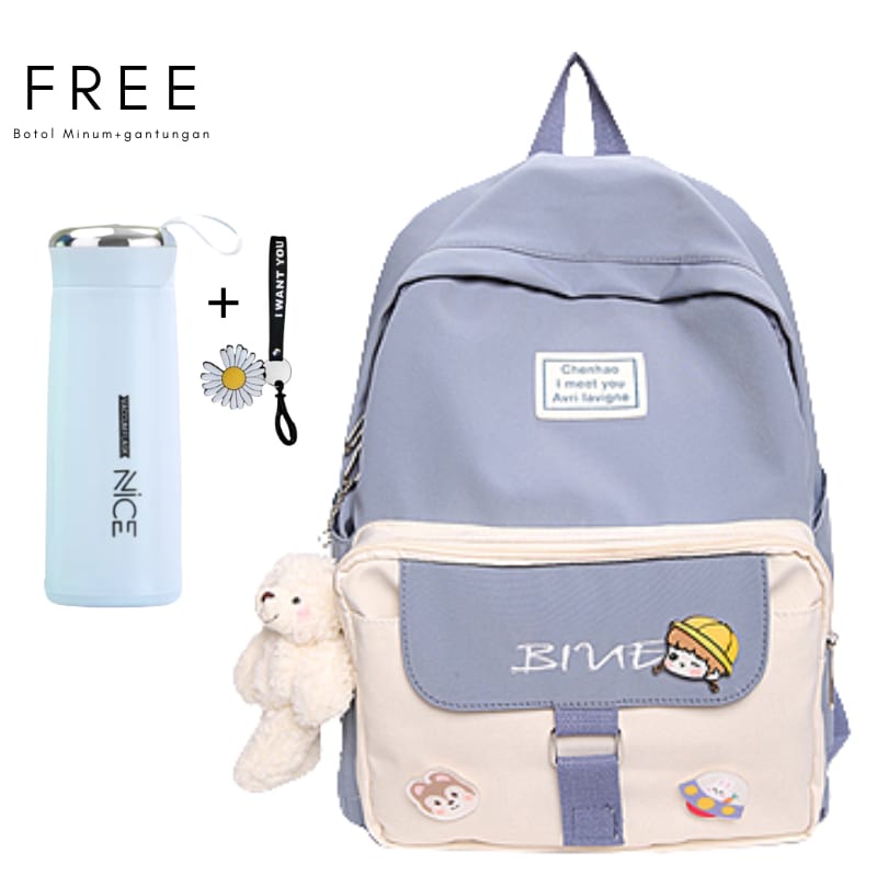 COD Tas Ransel Anak Fashion Ala Korea Motif Kartun Tas Sekolah 4 Warna Free Botol Minuml