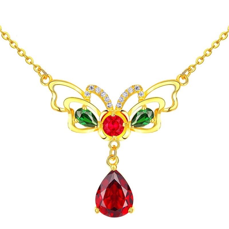 Goldkingdom Fashion Perhiasan Emas Asli Kadar 375 Bangkok Aksesoris Ready Stock Lapis Emas Kupu-Kupu Kalung Wanita Mewah Bertatahkan Garnet Rantai Pernikahan