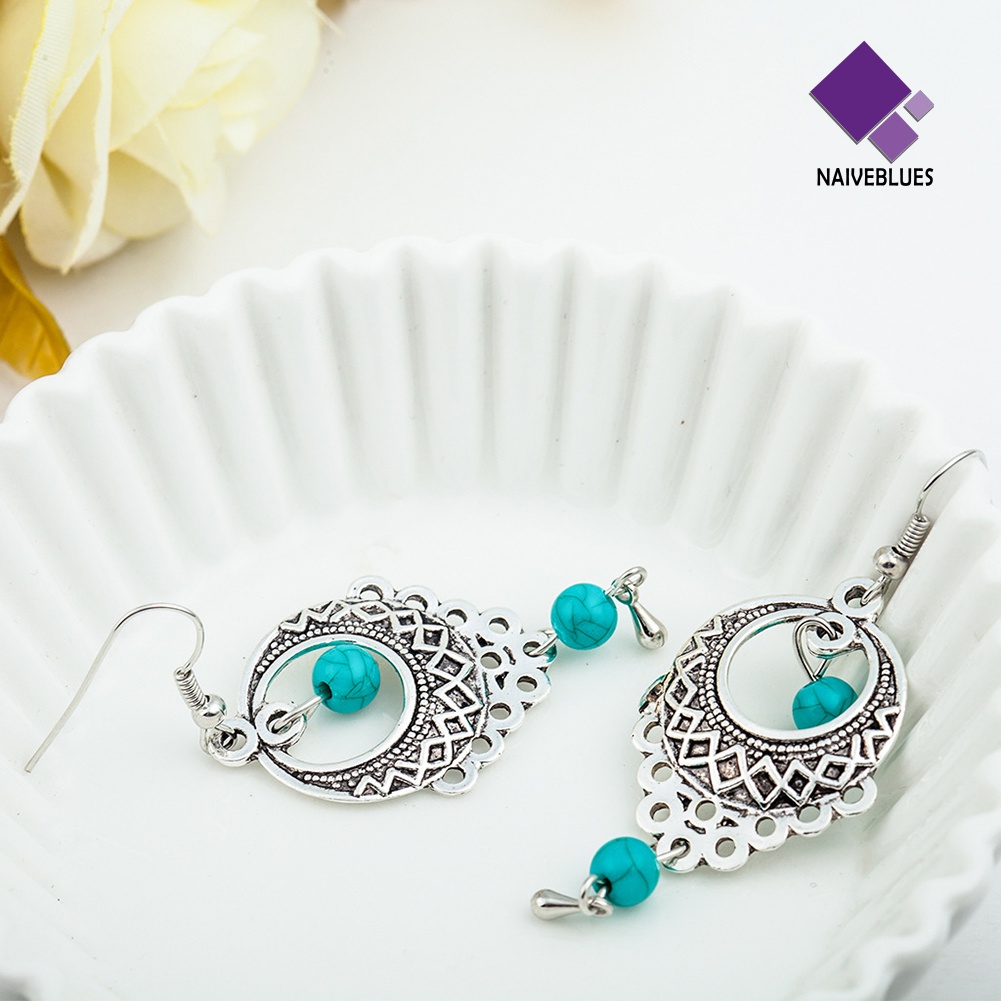 Anting Kait Gantung Wanita Desain Hollow Hias Manik-Manik Turquoise Gaya Boho Untuk Pernikahan