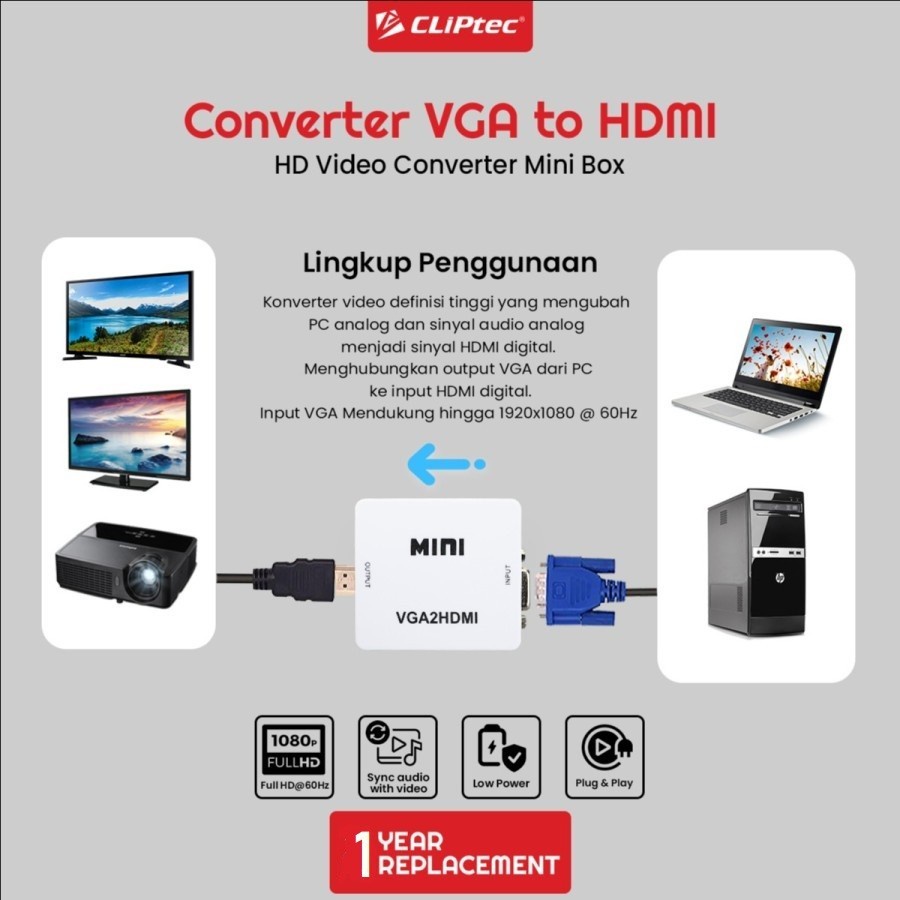 Converter CLIPtec Mini Box CL-CV VH VGA TO HDMI FHD 1080P