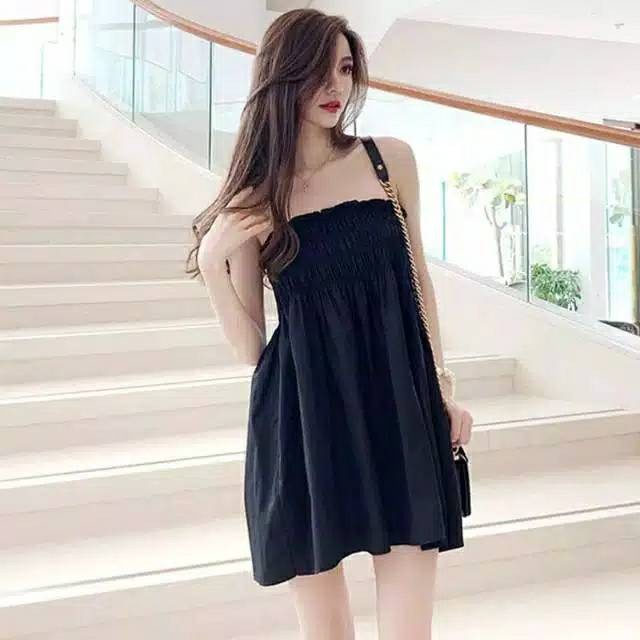 ✨COD✨ MINI DRESS SEXY CASUAL POLOS / MINI DRESS BALI SABRINA KEMBEN TERBARU - Hitam