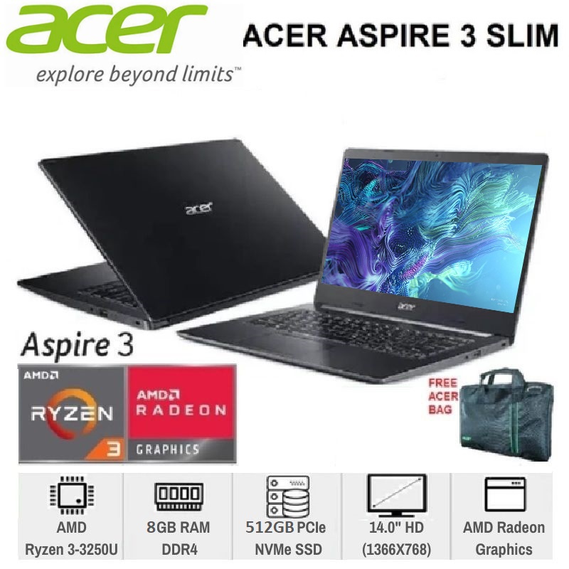 ACER ASPIRE SLIM 3 A314-22-R3FS 14"HD RYZEN 3-3250U 8GB SSD 512GB AMD RADEON GRAPHICS