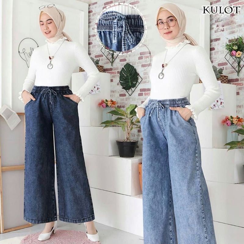 Celana Panjang Wanita Kulot Jeans Jumbo (M,L,XL,XXL,3L) Model Rawis dan Lipat || Celana Jeans Highwaist Pinggang Karet Premium Terlaris