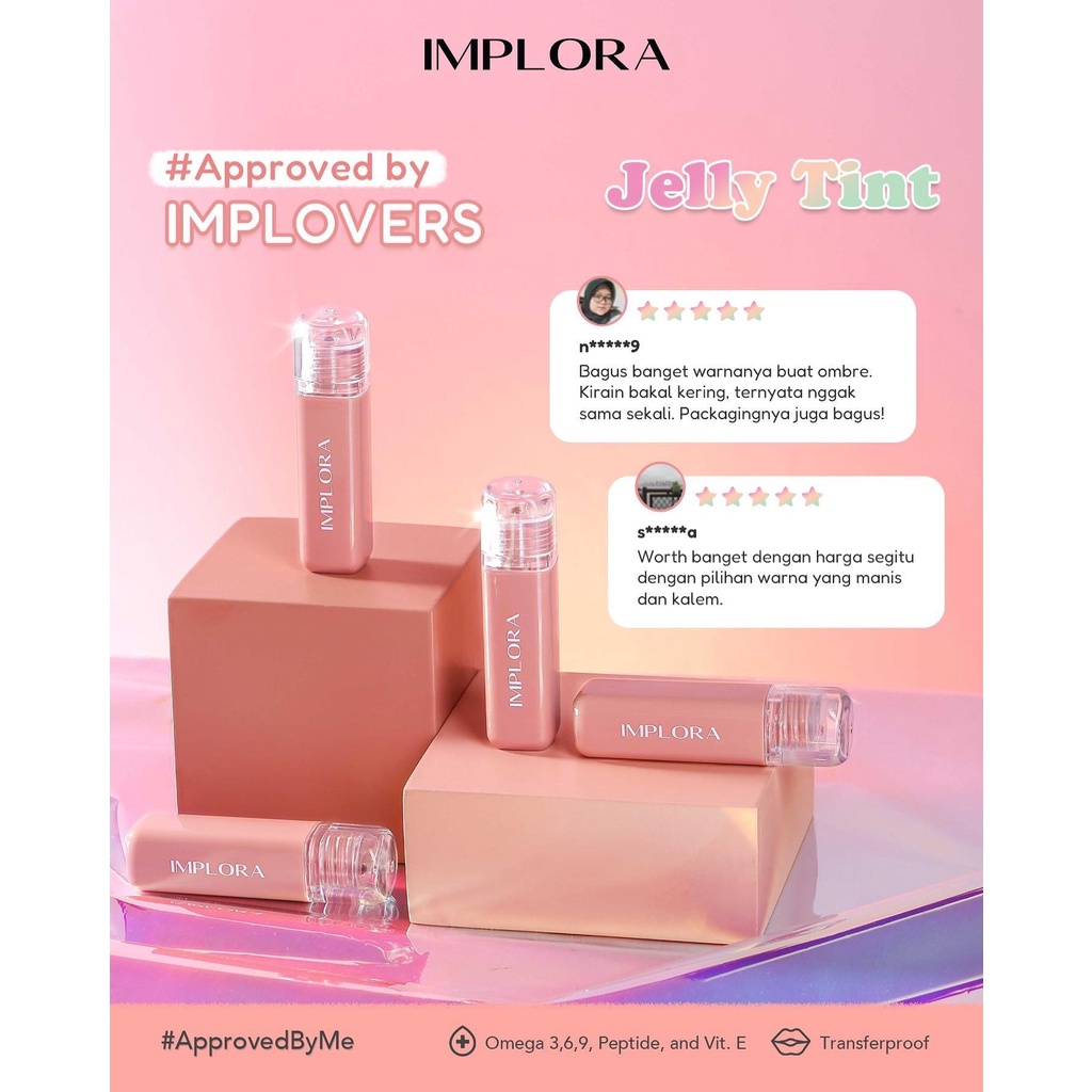 IMPLORA Jelly Tint Indonesia / Juicy Plumpy Lips 5ml / Vitamin E Peptide Omega 3, 6, 9 / Bibir Tampak Bervolume Halus Melembabkan Kulit Bibir Skincare Infused #ApprovedByMe / Transferproof Long Lasting / Cosmetic Lip Makeup Lipstick LipTint / Glossy Gloss