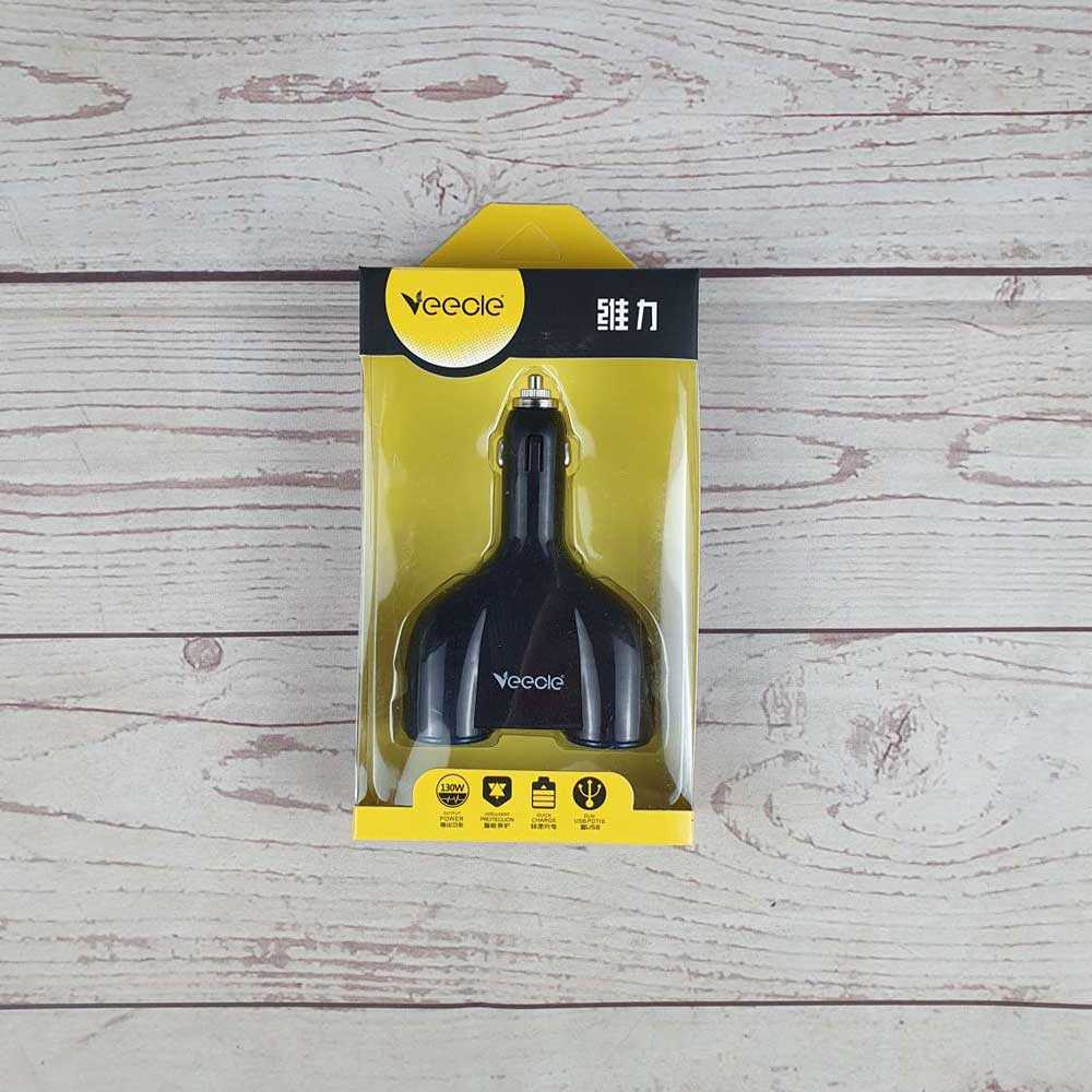 USB Car Charger 2 Port dengan 2 Cigarette Plug colokan bulat mobil 130W