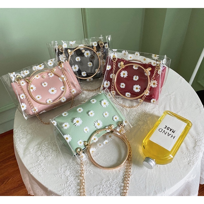 GrosirMart Tas Wanita Jelly Bag Transparan Bunga Daisy 2 in 1 Tas Selempang Bahu Wanita Hand Bag A49