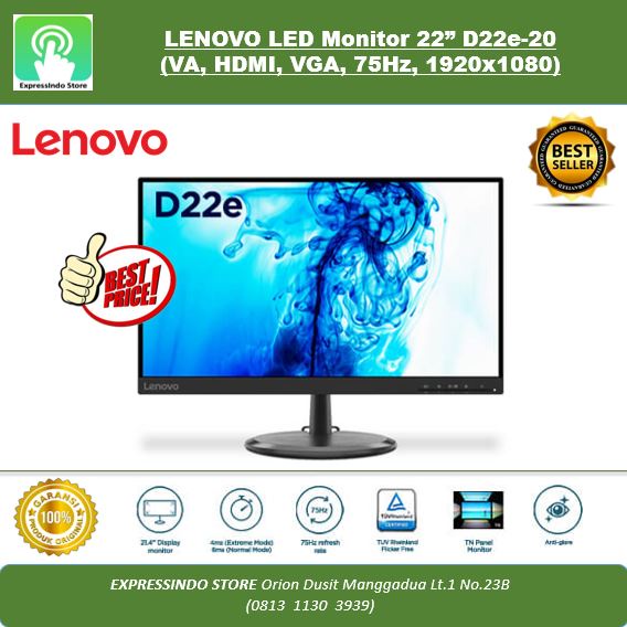LENOVO LED Monitor 22” D22e-20 (VA, HDMI, VGA, 75Hz, 1920x1080)