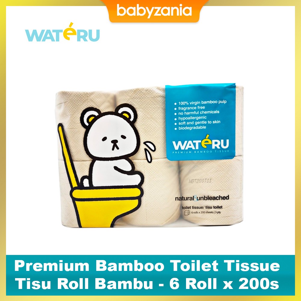 Wateru Natural Premium Bamboo Toilet Tissue / Tisu Roll Bambu - 6 Roll x 200 s