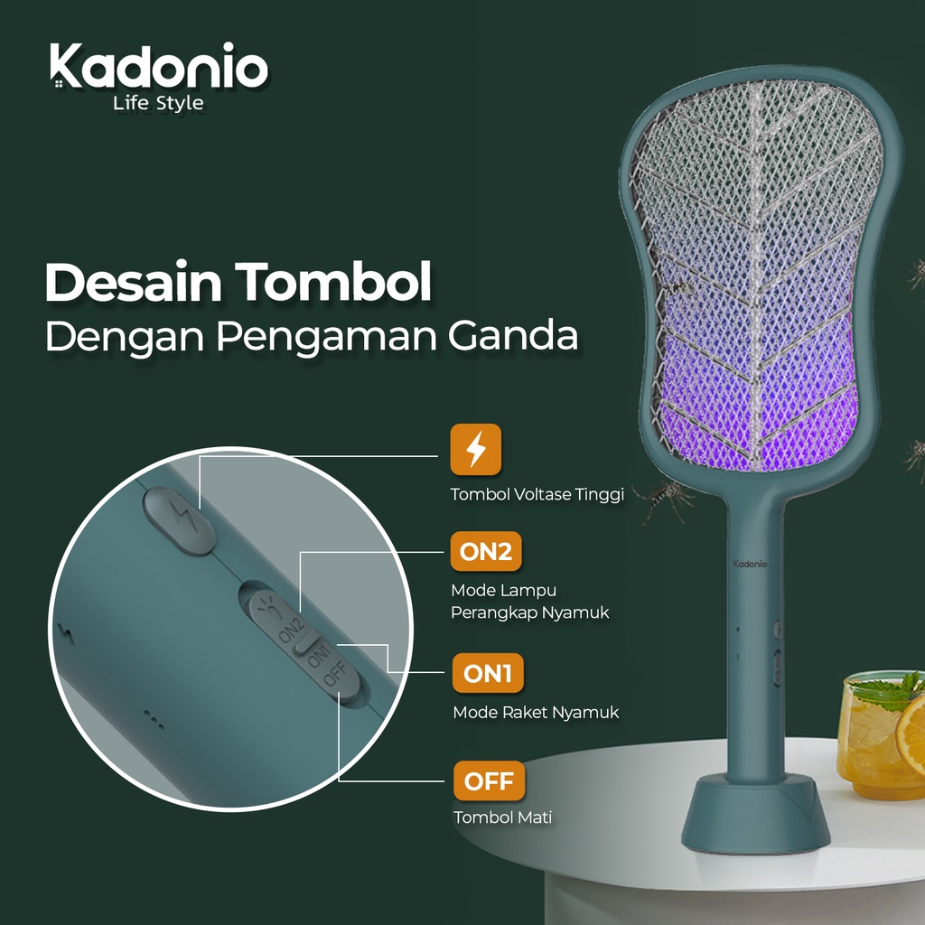 KADONIO Raket Nyamuk Listrik 2in1 Mosquito Swatter Lampu Nyamuk Elektrik Perangkap Nyamuk Lampu Ungu 1200mAh Usb Cas