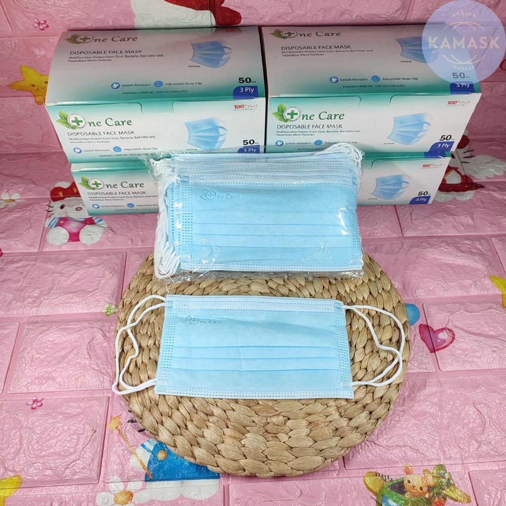 One Care masker earloop ada embos 3ply isi 50pcs biru