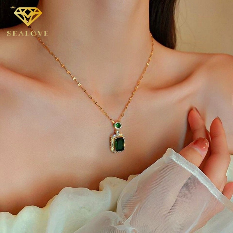 SEALOVE Kalung Permata Hijau Zamrud Titanium Asli Anti Karat Kalung Wanita Berlian Persegi Aksesoris Korea Premium