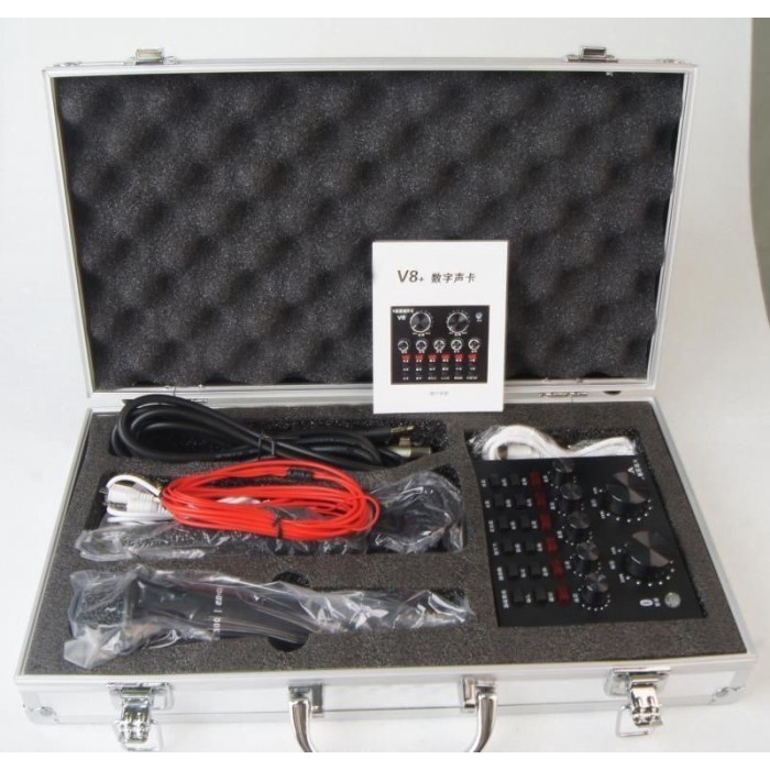 PAKET Microphone Soundcard V8 USB Mixer Audio Eksternal Packing Tas Streamer Live Sound Card