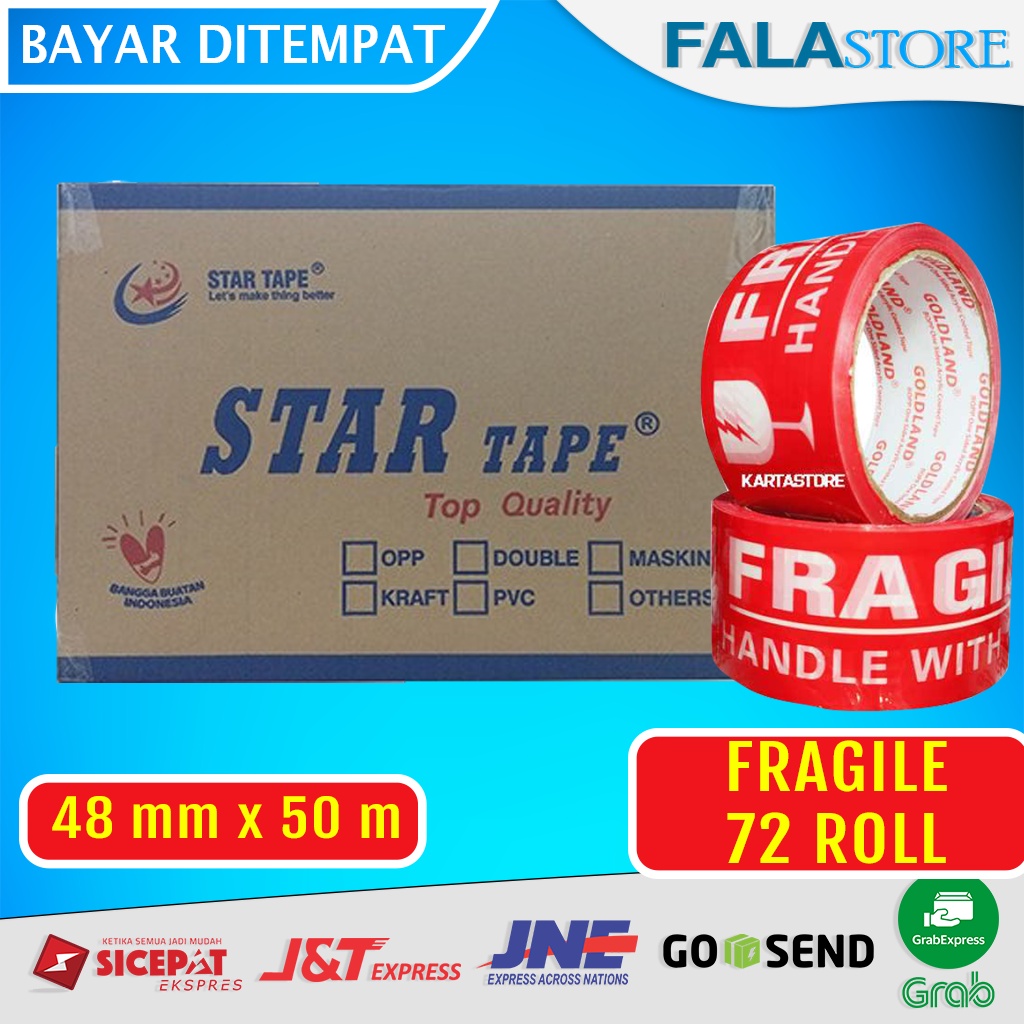 

Solasi Isolasi Solatip Solatif Lakban Fragile Star Tape Jangan Dibanting Kuat 4,8cm x 50m 1 Dus Isi 72 Pcs