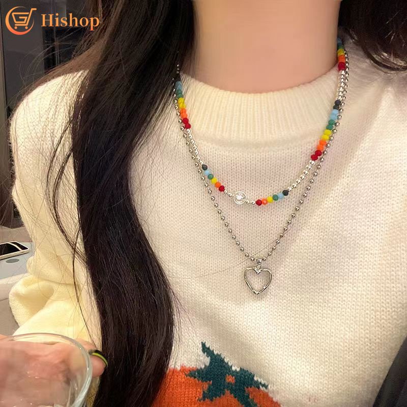 Kalung Choker Rantai Silver Banyak Lapis Dengan Manik-Manik Warna-Warni Untuk Wanita