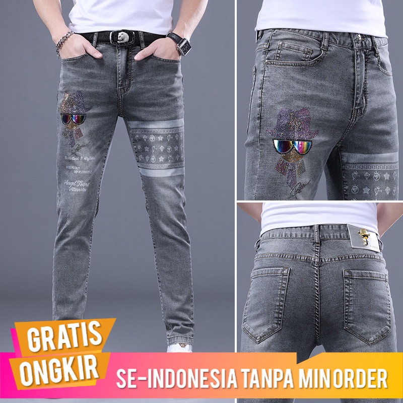 Celana Jeans  Pria  Fashion Hand-Painted Huruf Borr Slim Stretch Kaki  Korea Celana pria