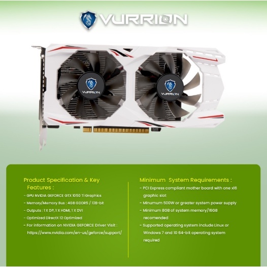 VURRION NVIDIA GTX 1050 Ti 4GB GDDR5 128-bit -VGA Card Vurrion GTX1050Ti