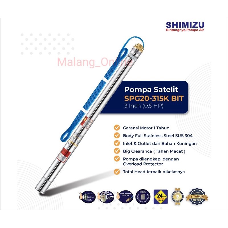 Submersible Pump Pompa Air Satelit Sumur Bor Rendam Celup 3 inch SHIMIZU SPG20 315K Bit