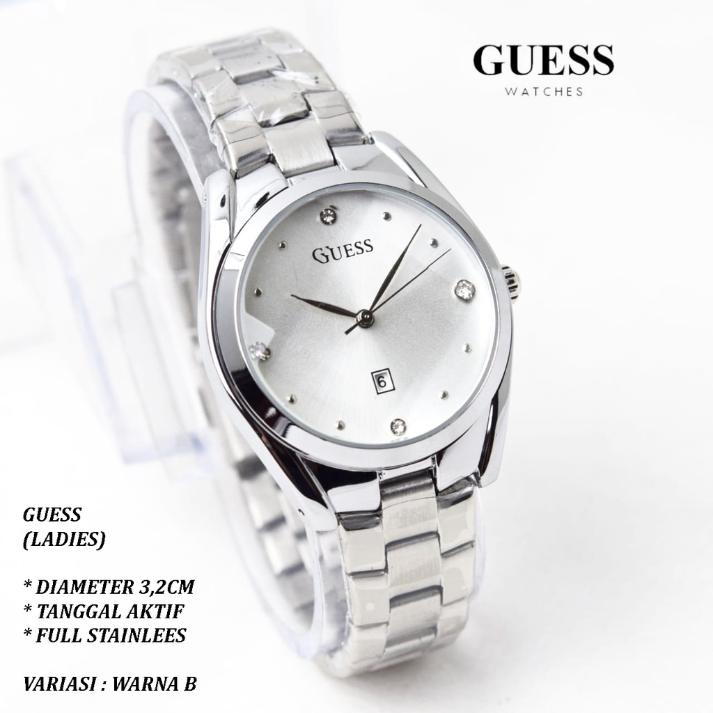 (BISA COD) JAM TANGAN WANITA GUESS RANTAI BODY BULAT TANGGAL AKTIF