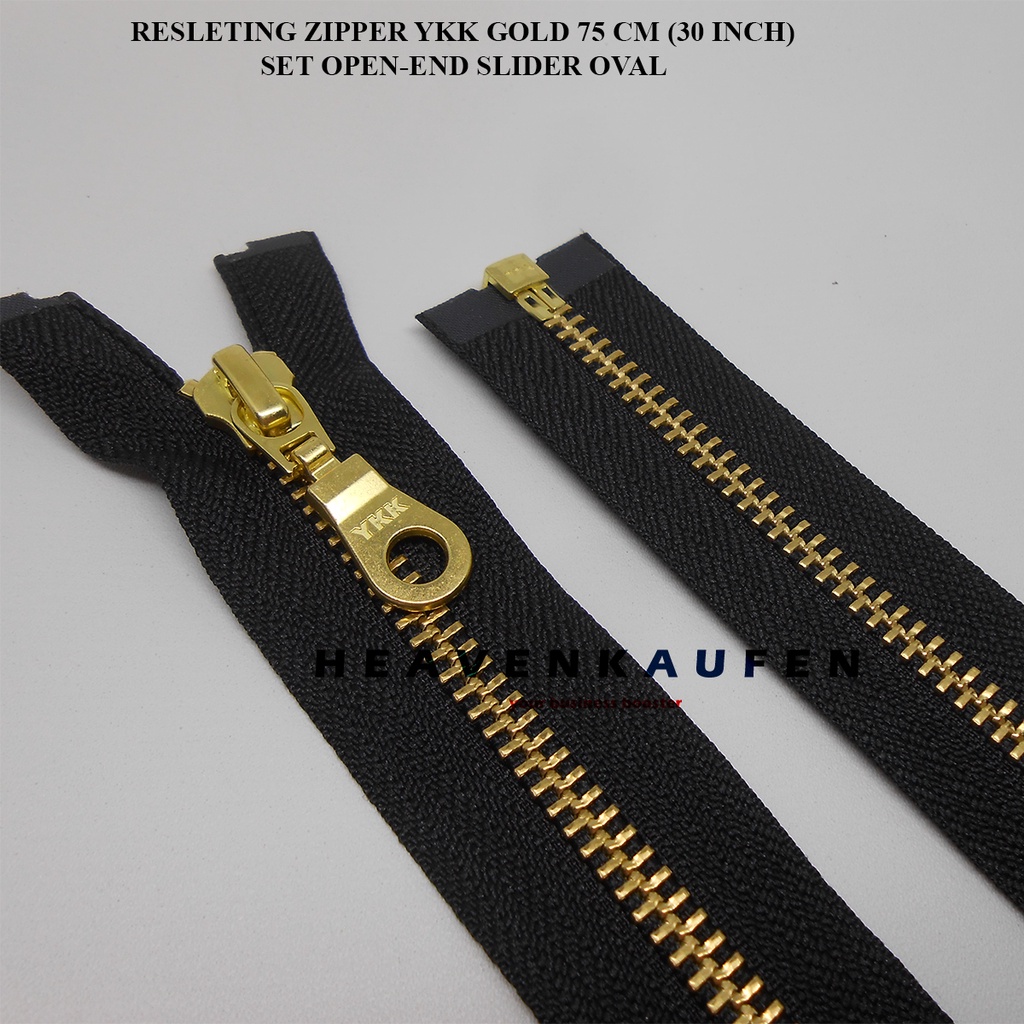 Resleting Zipper Jaket YKK 75 cm Atau 30 inch Hitam - Gold Emas Set Open - End Slider Oval