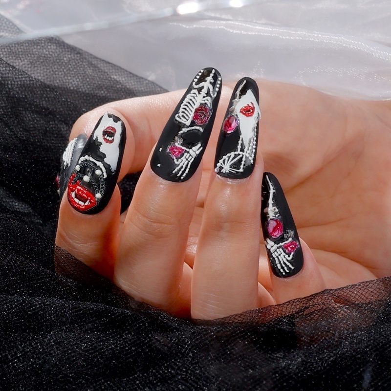 1 Lembar Stiker Kuku Desain Tulang Hantu Horror 5D Tahan Air Untuk Dekorasi Nail Art