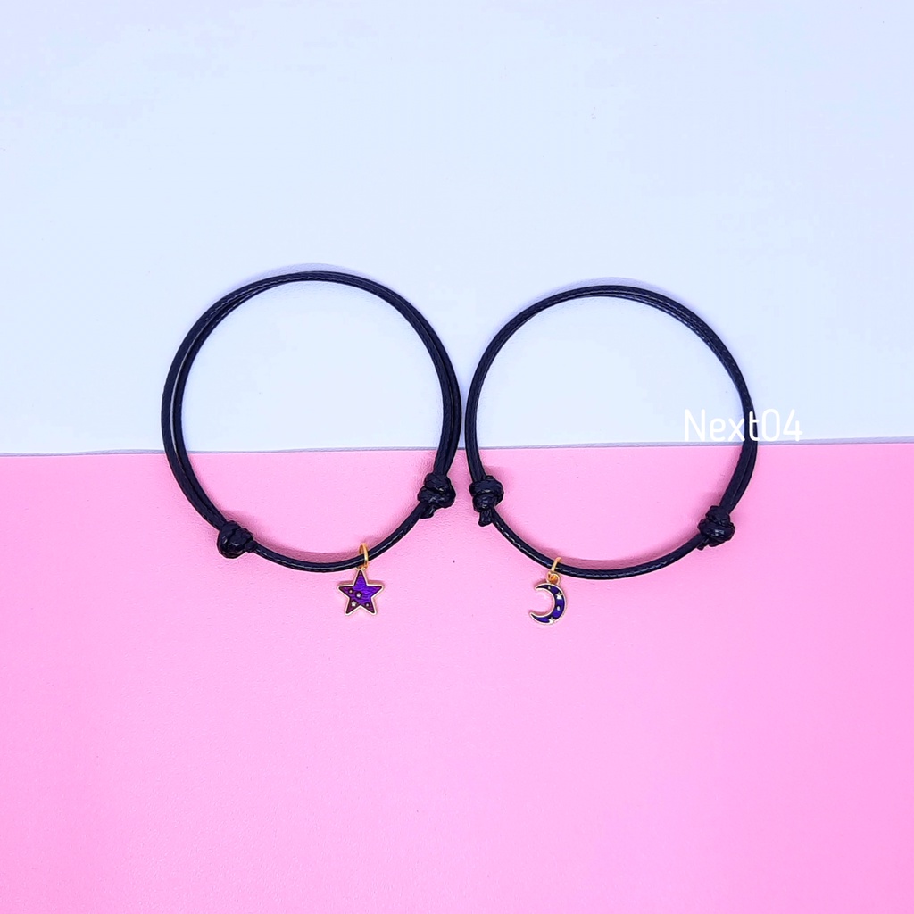 Gelang Couple Sahabat Bestie Pacar Pasangan Bulan Bintang Tali Korea Hitam Polos Aesthetic Murah