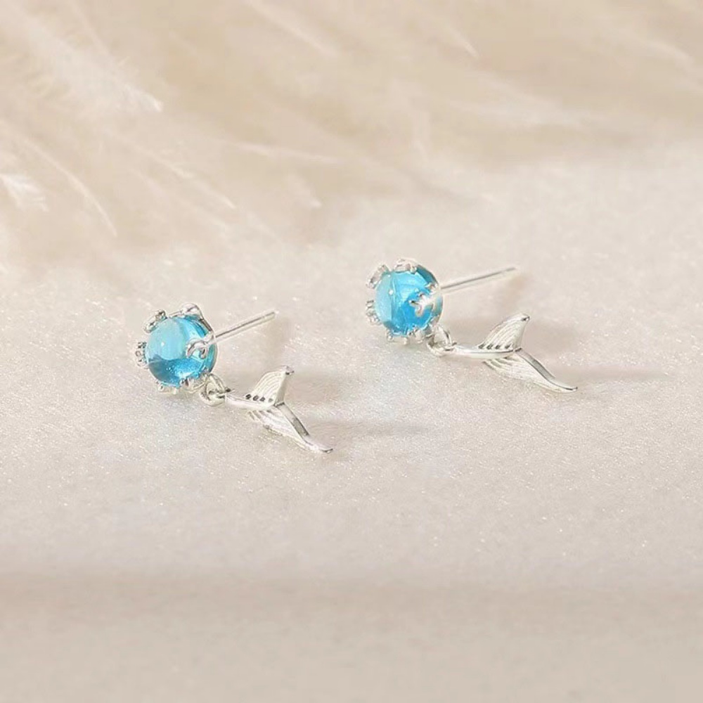 Anting Stud Silver S925 Bentuk Ekor Mermaid Aquamarine Warna Biru Gaya Korea Untuk Wanita