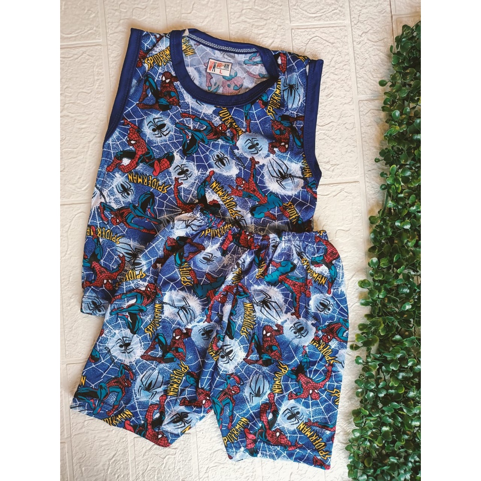 Setelan Anak Singlet Animasi | Laki-Laki Motif Anak Kartun Lucu | Lengan Kutung | A