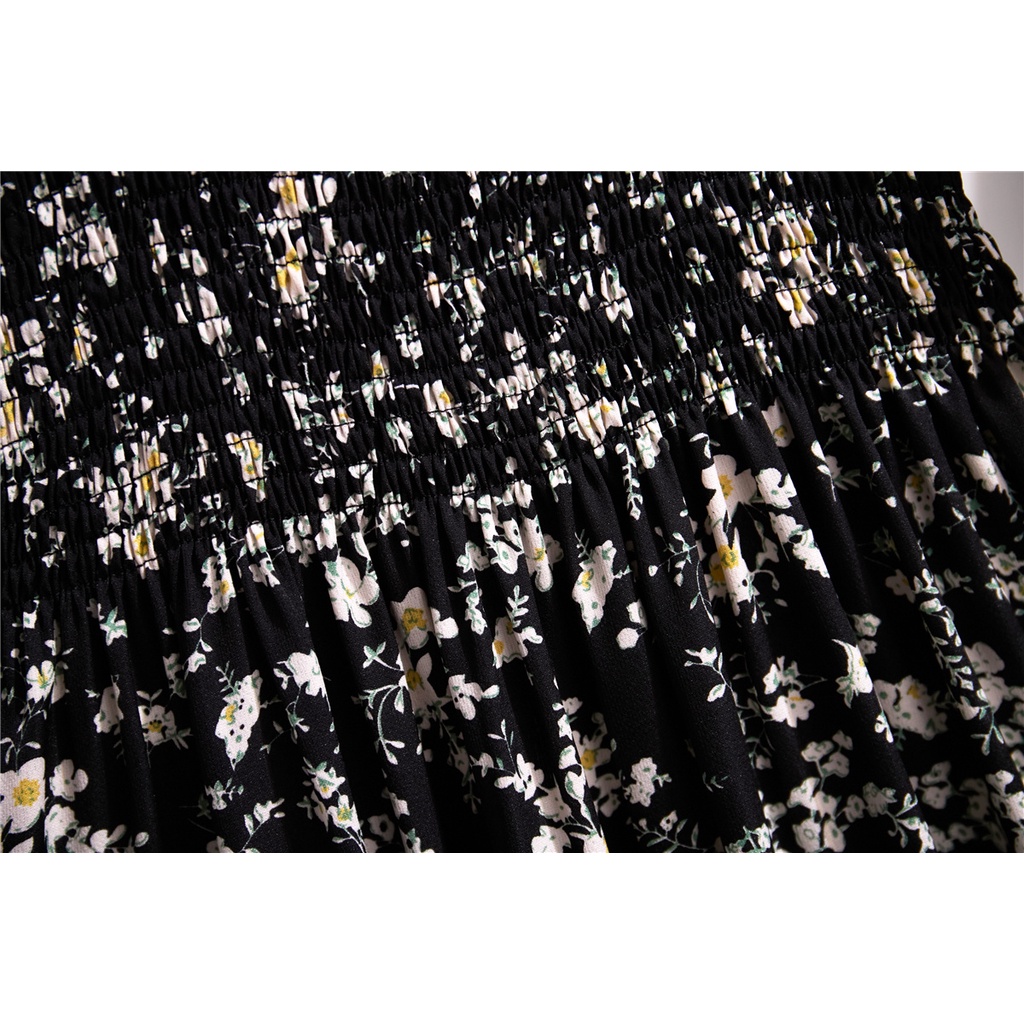 COD New 2022 Hitam Floral Midi Dress Korea Style Pantai Baju Dress Wanita Baju Pesta Gaun 2023 Dada Lipit Musim Panas