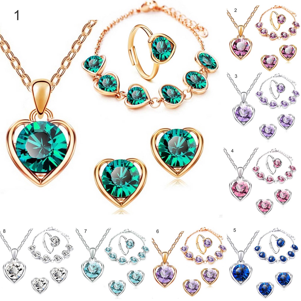 4pcs / Set Kalung Anting Gelang Cincin Liontin Hati Aksen Berlian Imitasi Adjustable Untuk Wanita