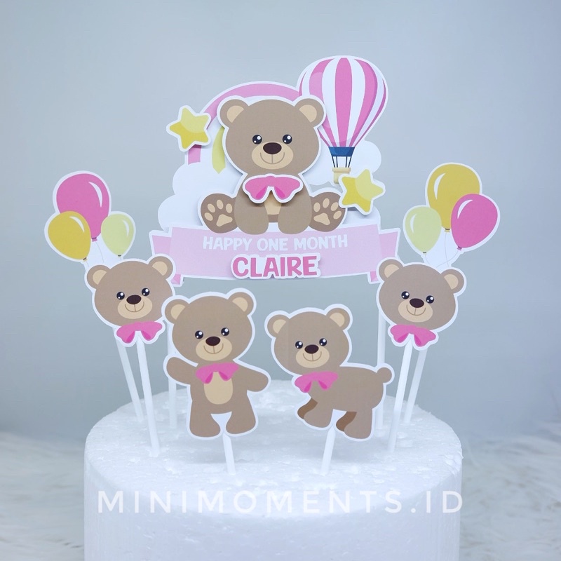 Cake Topper 3D Custom Nama Karakter One Month Teddy Bear Satu Bulanan - Alat Dekorasi Kue Ulang Tahu