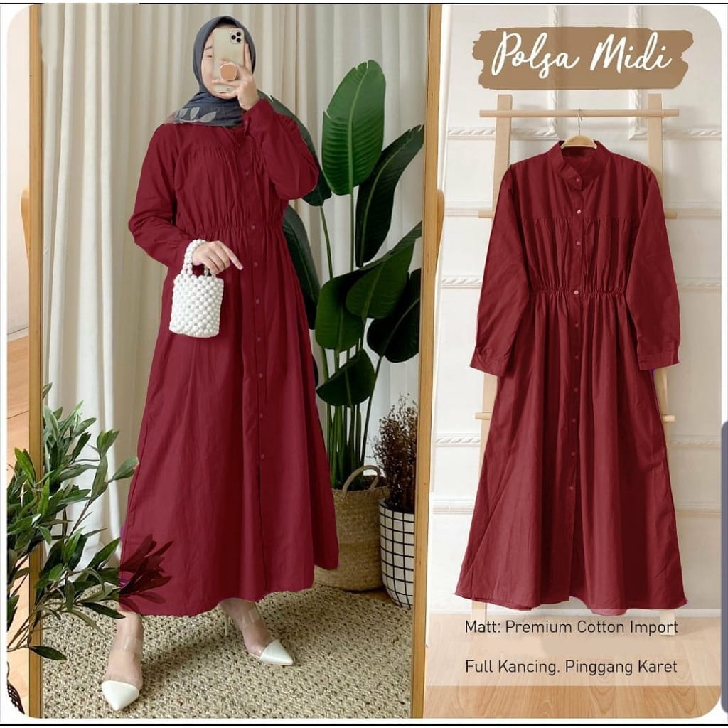 Polsa midi dress tunik polos cardi long dress wanita Terbaru