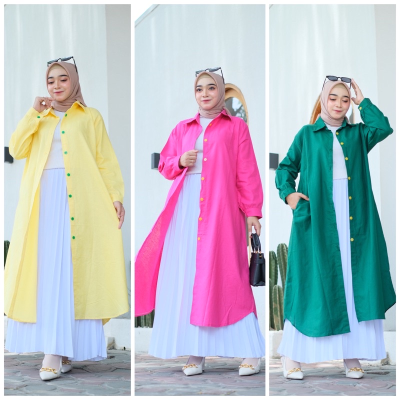 Amarelo Long Tunik Jumbo Atasan Wanita Muslim Bahan Linen Premium