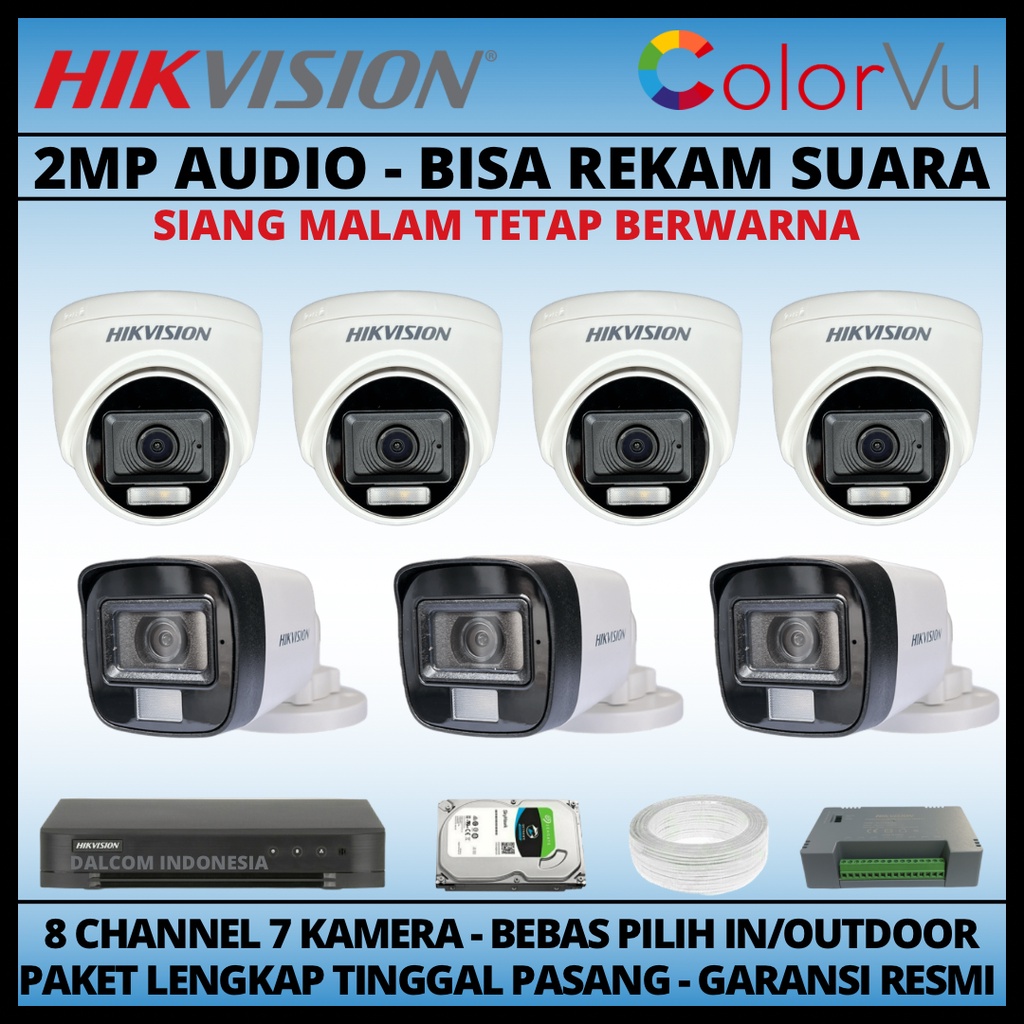 PAKET CCTV HIKVISION COLORVU 2MP 8 CHANNEL 7 KAMERA COLORFUL