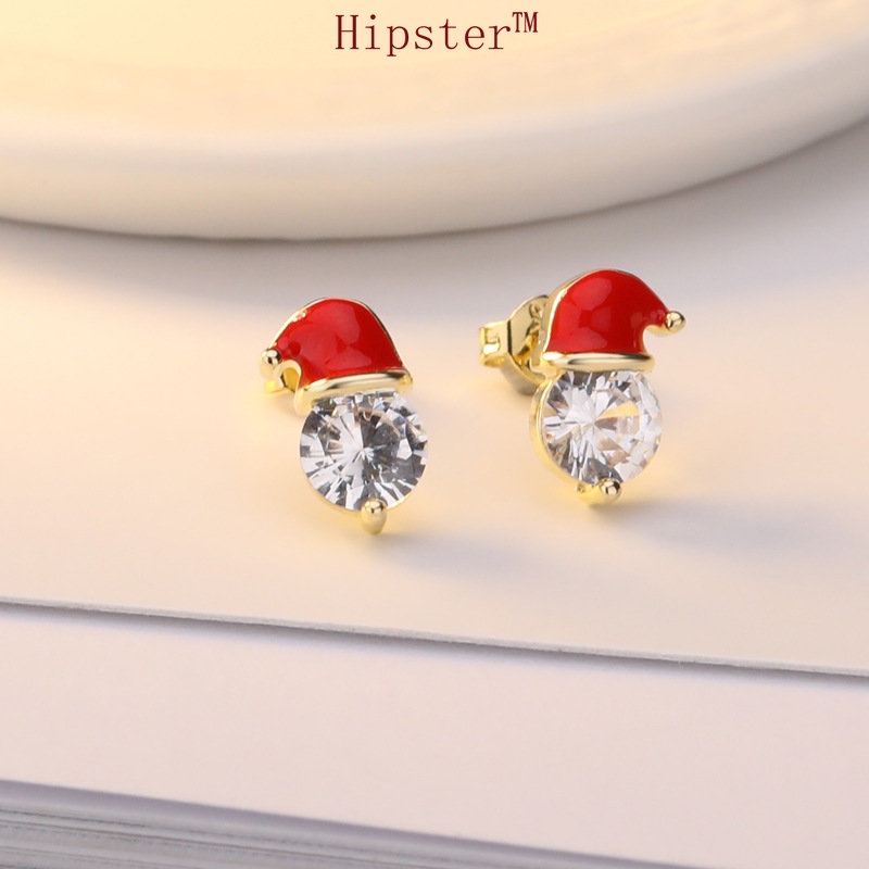 Anting Tusuk Zircon Bentuk Topi Santa Claus Lapis Emas 18K M3067