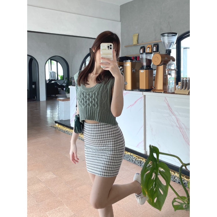 Kadaka B-0173 Rok Mini Korea Mini Skirt Tweed Knit Stretch Korea Kotak-Kotak